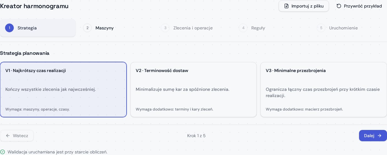 Kreator Makespan: wybór strategii V1, V2 lub V3